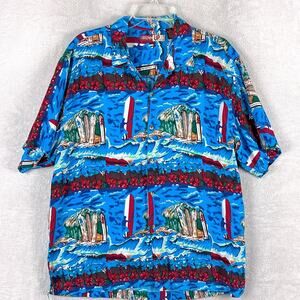 VTG Thums Up Hawaiian Shirt Mens L Blue Surf AOP Rayon Preppy Beach Aloha 80s